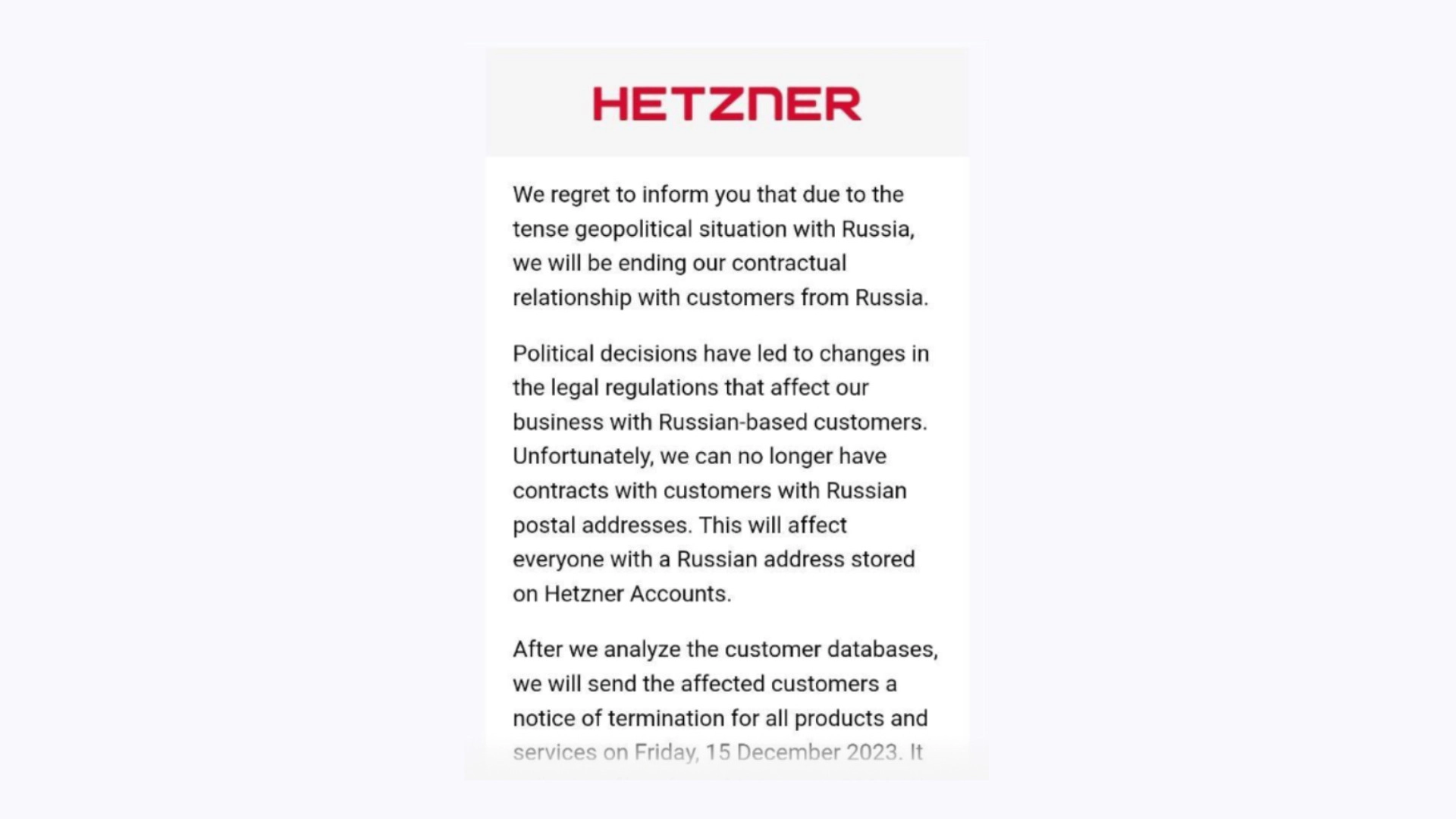 Немецкий хостинг Hetzner прекратит работу с российскими пользователями