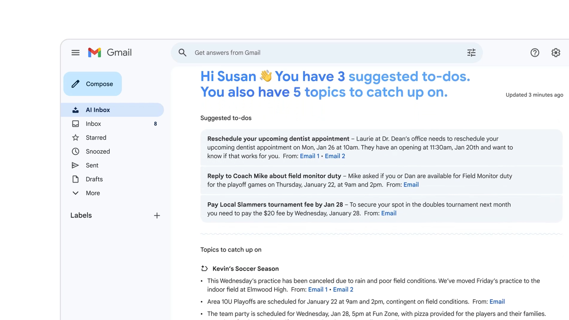 Google запускает ИИ-сводки писем в Gmail с возможностью задавать вопросы по содержимому