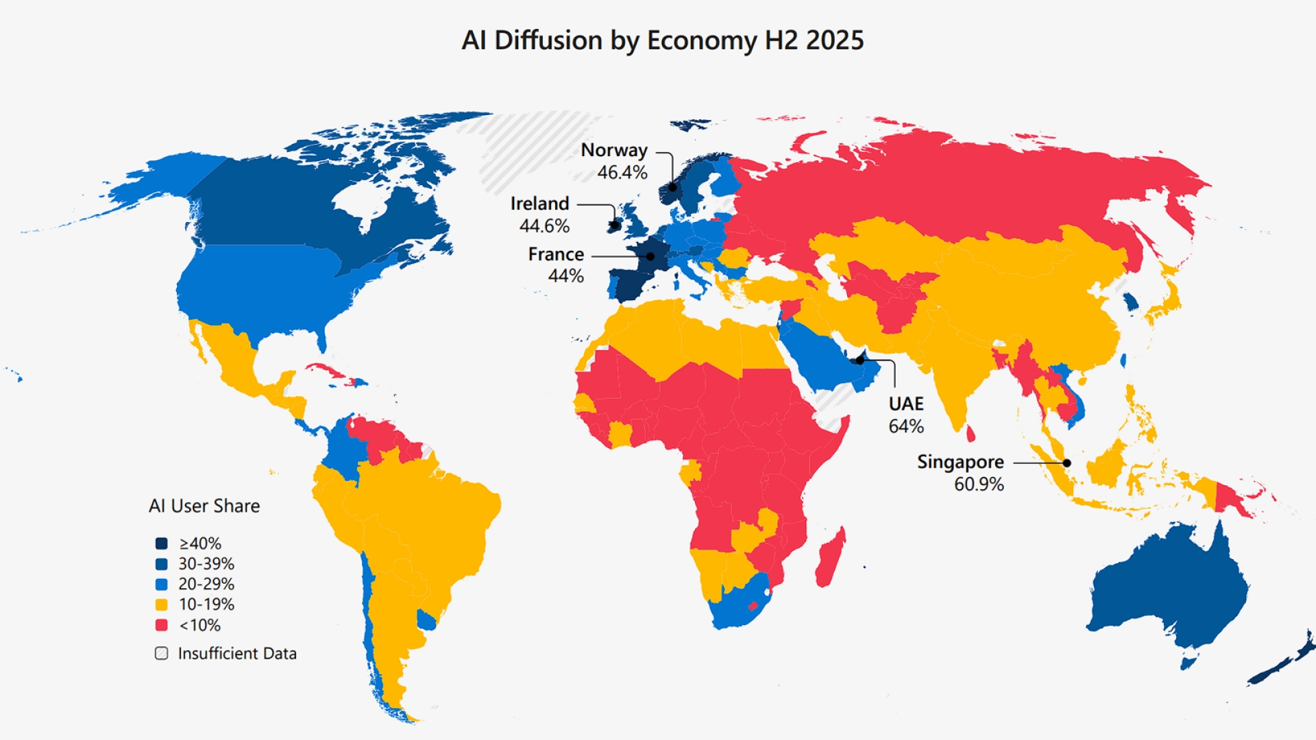 Microsoft составила рейтинг по уровню внедрения ИИ среди стран — от ОАЭ до Камбоджи