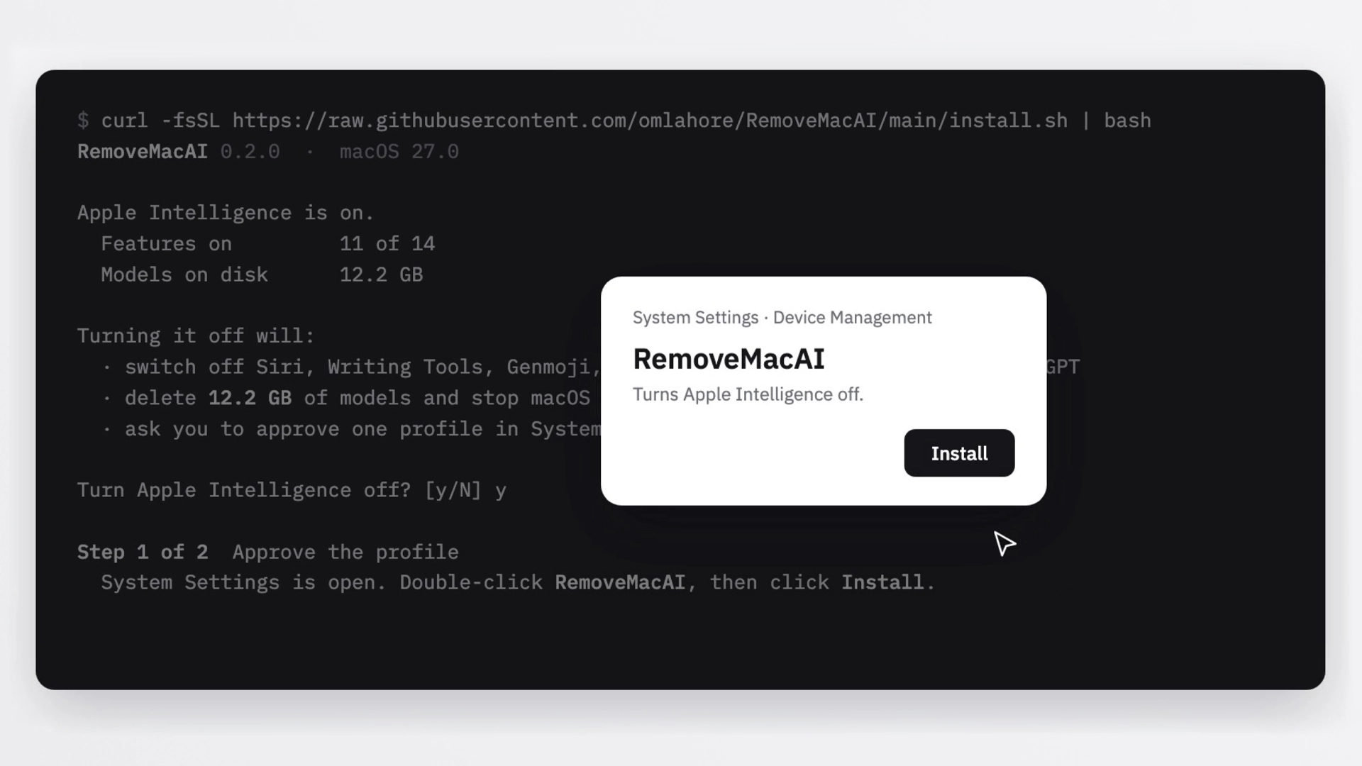 RemoveMacAI — утилита, которая удаляет Apple Intelligence из macOS 27