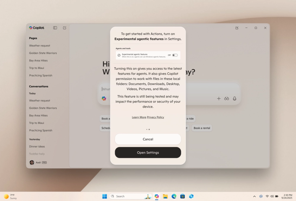 Так Windows предлагает включить агентный режим. Изображение: Microsoft