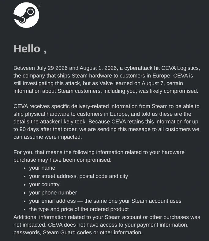 Фрагмент письма от Valve