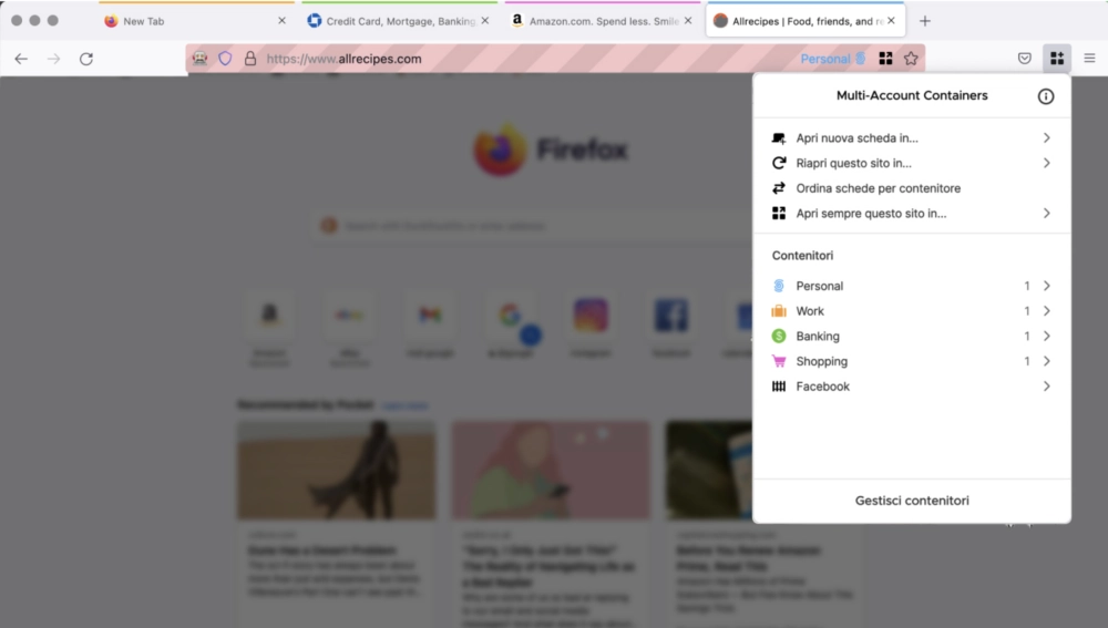 Пример того, как работает расширение «Контейнеры» в Firefox