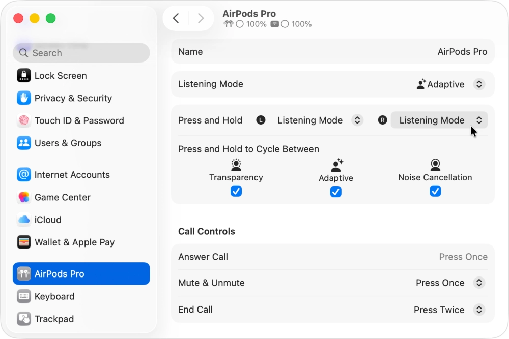 Интерфейс настройки AirPods в macOS 26