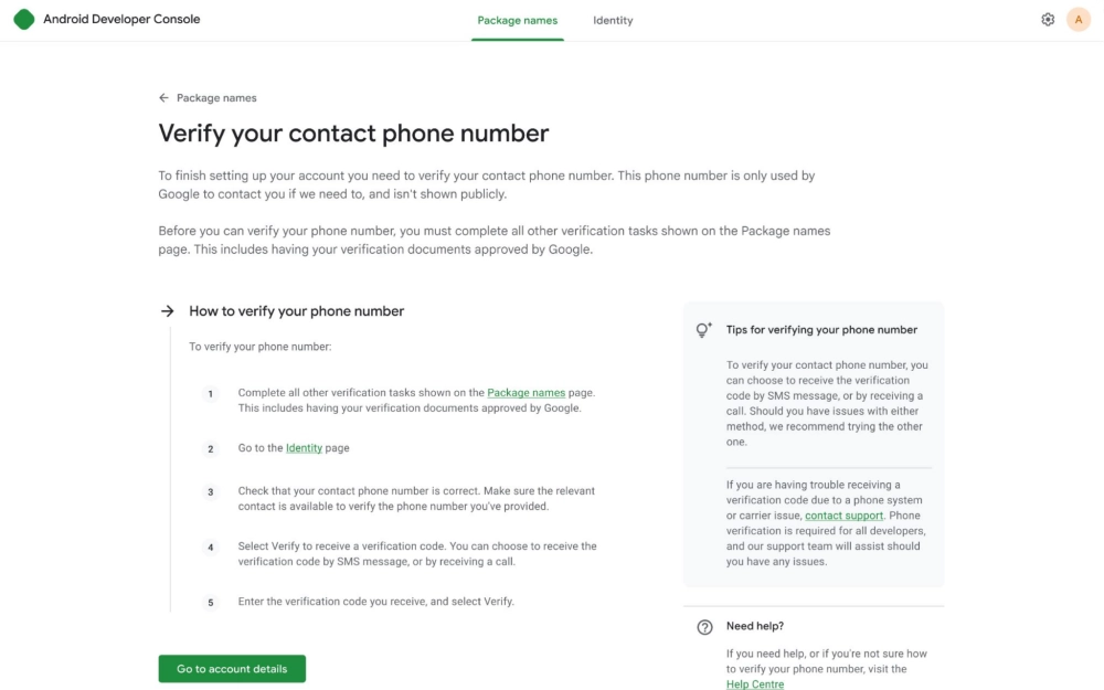 Экран подтверждения номера телефона разработчика в панели Android Developer Console